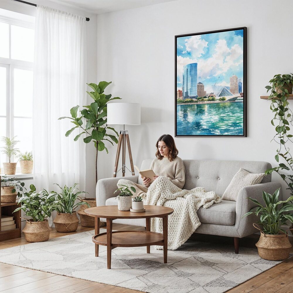 03 - Framed Milwaukee Skyline Watercolor Canvas Print - Woman reading on couch - Vertical.jpg 03 - Framed Milwaukee Skyline Watercolor Canvas Print - Woman reading on couch - Vertical.jpg