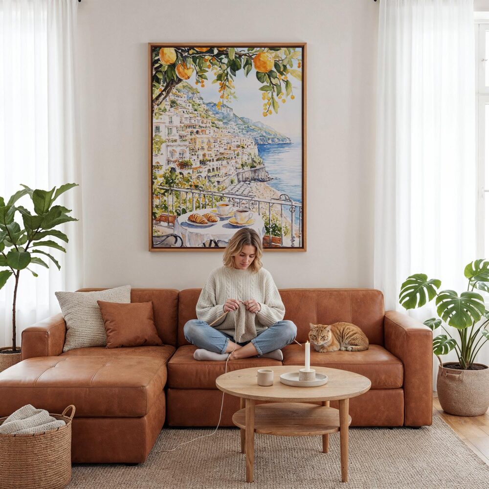 03 - Framed Morning Coffee in Amalfi Coast Watercolor Canvas Print - Woman Knitting - Vertical.jpg 03 - Framed Morning Coffee in Amalfi Coast Watercolor Canvas Print - Woman Knitting - Vertical.jpg