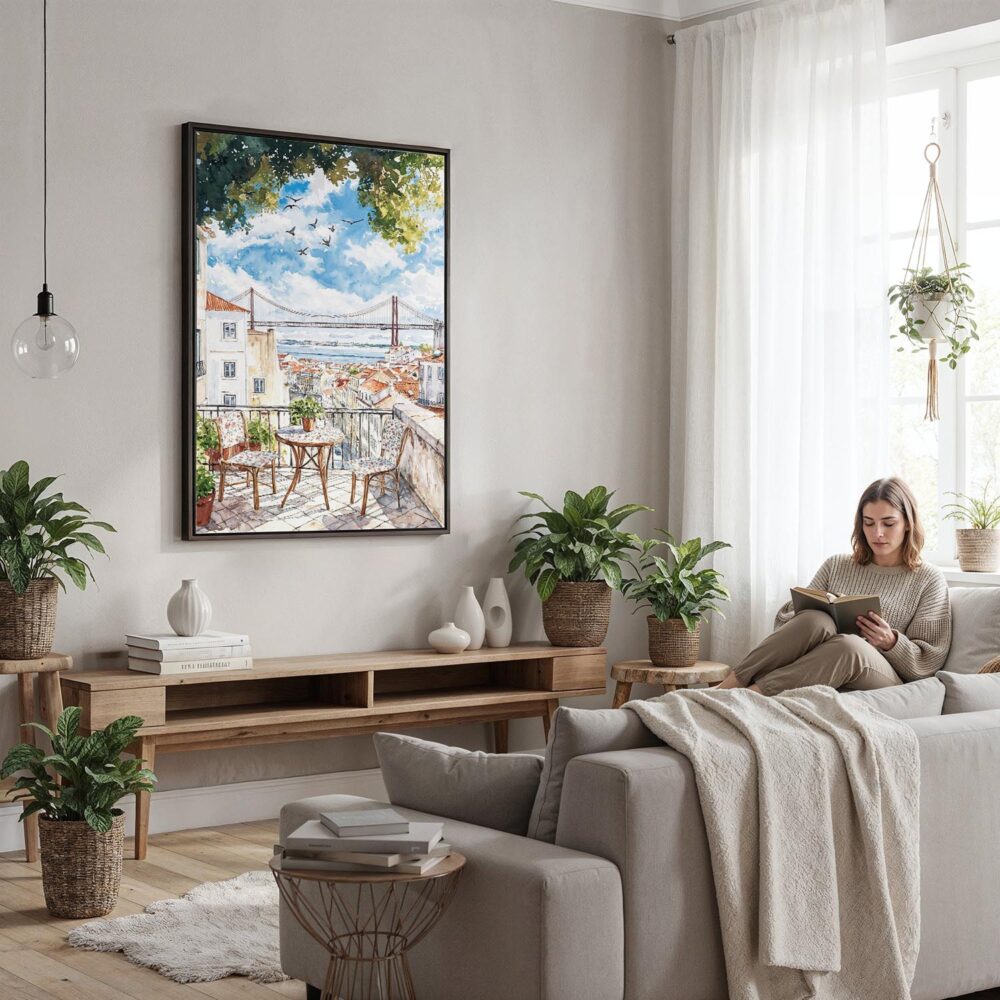 03 - Framed Morning Coffee in Lisbon Watercolor Canvas Print - Woman reading in modern Living Room - Vertical.jpg 03 - Framed Morning Coffee in Lisbon Watercolor Canvas Print - Woman reading in modern Living Room - Vertical.jpg