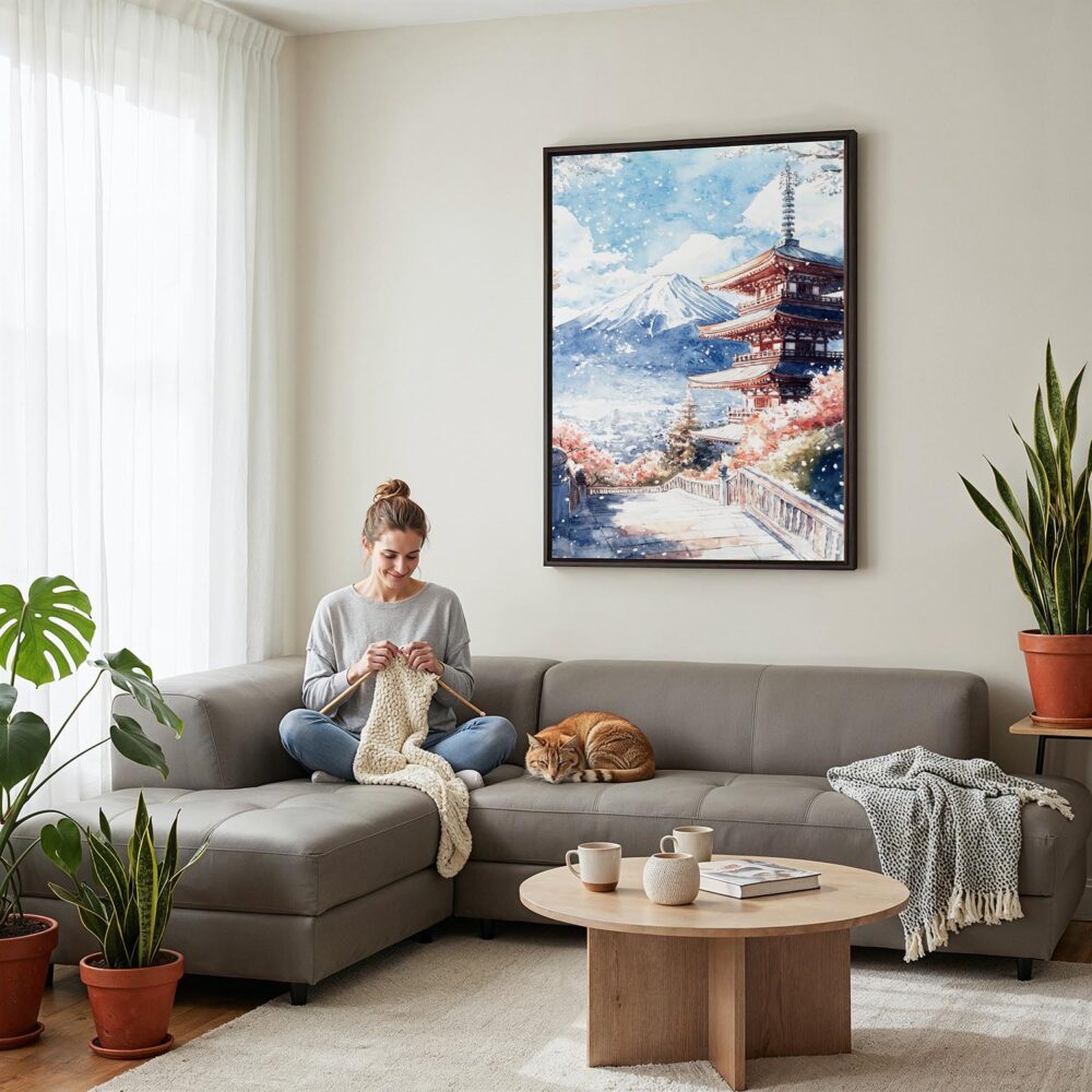 03 - Framed Mount Fuji and Pagoda Watercolor Canvas Print - Woman Knitting on grey couch - Vertical.jpg 03 - Framed Mount Fuji and Pagoda Watercolor Canvas Print - Woman Knitting on grey couch - Vertical.jpg