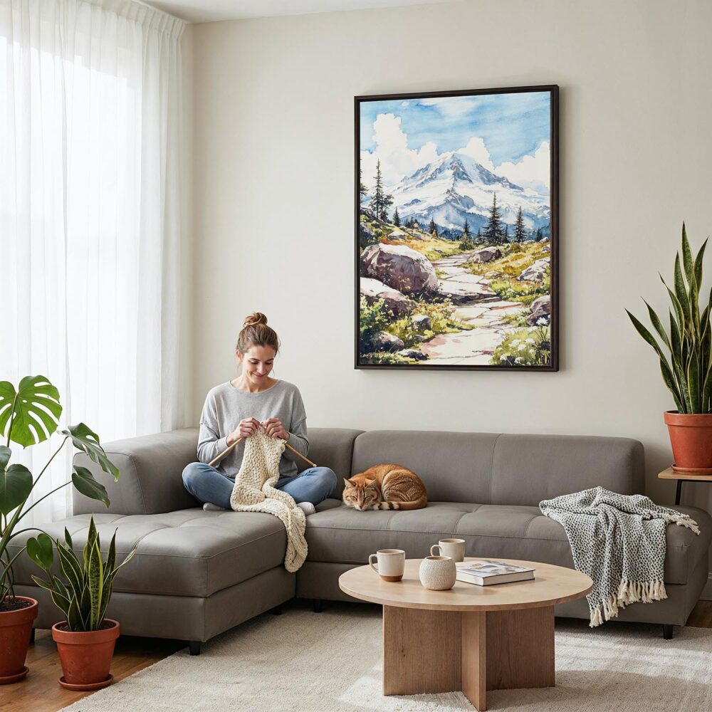 03 - Framed Mount Rainier - Watercolor Canvas Print - Woman Knitting on grey couch - Vertical.jpg 03 - Framed Mount Rainier - Watercolor Canvas Print - Woman Knitting on grey couch - Vertical.jpg