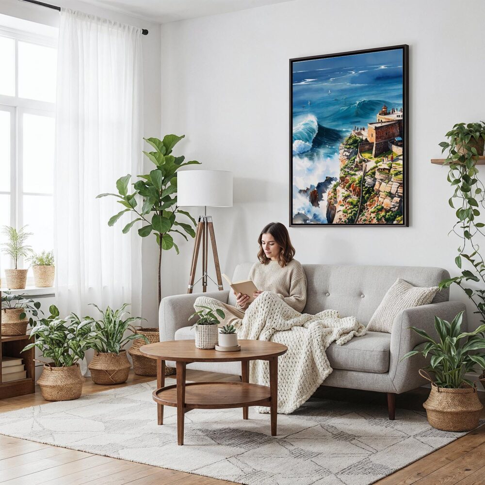 03 - Framed Nazare Portugal Watercolor Canvas Print - Woman reading on couch - Vertical.jpg 03 - Framed Nazare Portugal Watercolor Canvas Print - Woman reading on couch - Vertical.jpg