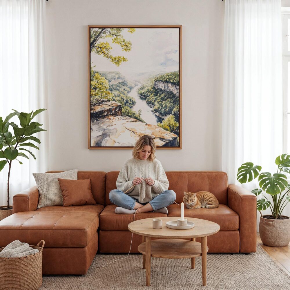 03 - Framed New River Gorge Watercolor Canvas Print - Woman Knitting - Vertical.jpg 03 - Framed New River Gorge Watercolor Canvas Print - Woman Knitting - Vertical.jpg