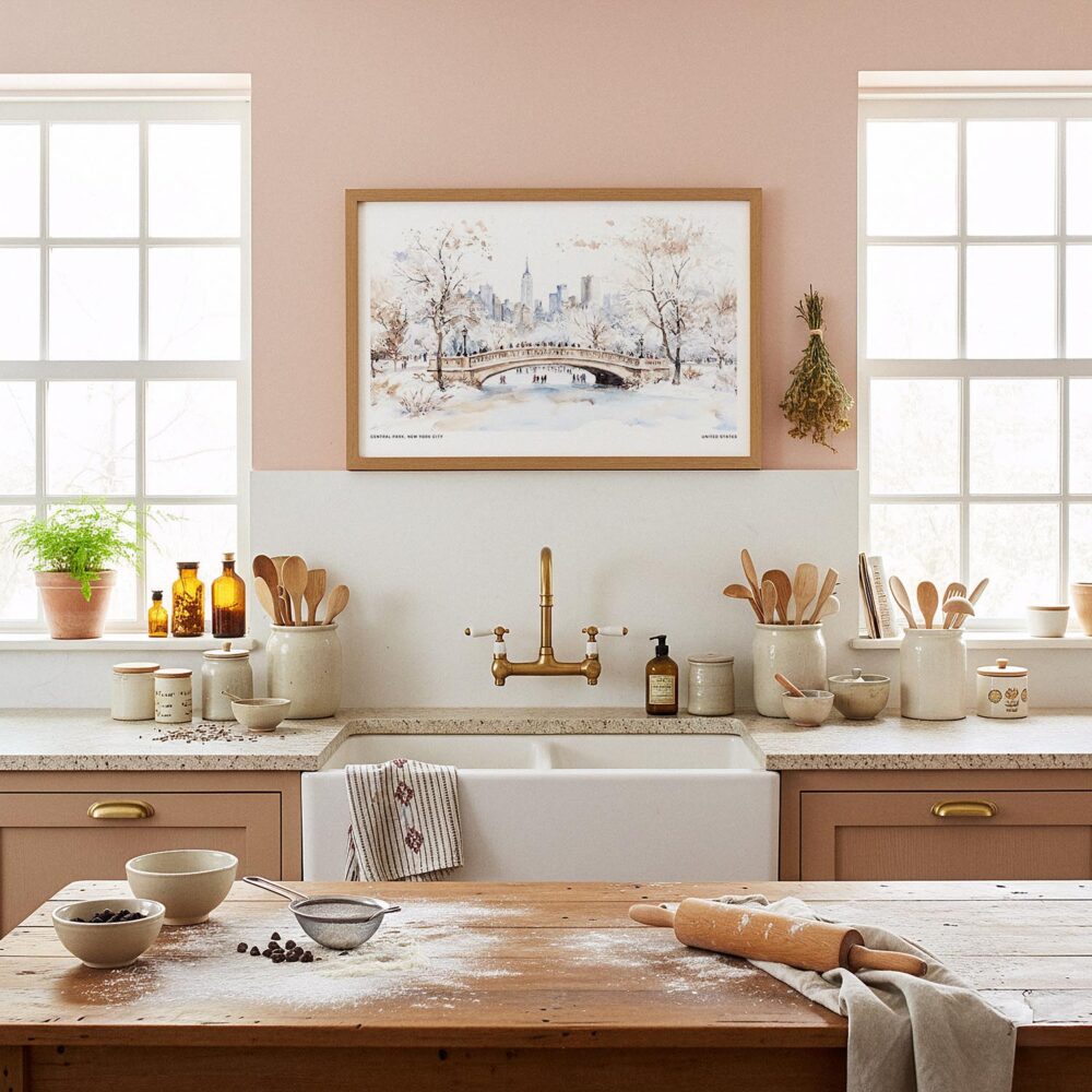 03 - Framed New York Central Park in Winter Watercolor - Horizontal Art Print in Farmhouse style Kitchen.jpg 03 - Framed New York Central Park in Winter Watercolor - Horizontal Art Print in Farmhouse style Kitchen.jpg