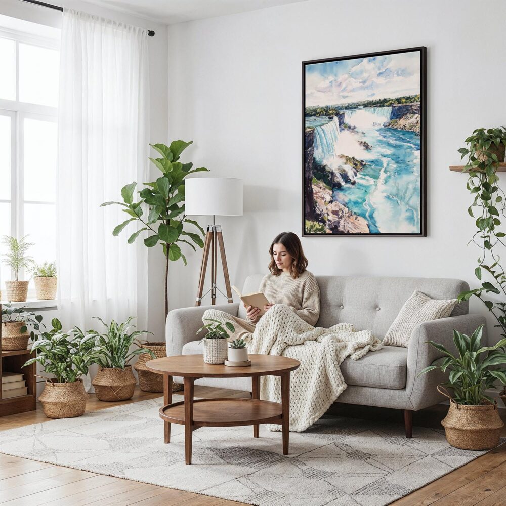 03 - Framed Niagara Falls Watercolor Canvas Print - Woman reading on couch - Vertical.jpg 03 - Framed Niagara Falls Watercolor Canvas Print - Woman reading on couch - Vertical.jpg