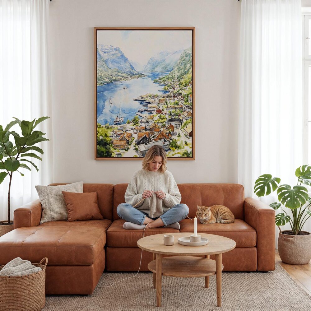 03 - Framed Norwegian Fjords Watercolor Canvas Print - Woman Knitting - Vertical.jpg 03 - Framed Norwegian Fjords Watercolor Canvas Print - Woman Knitting - Vertical.jpg