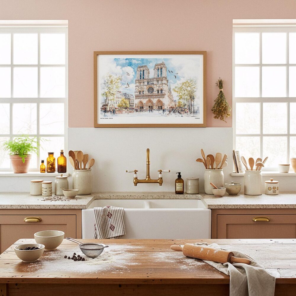 03 - Framed Notre Dame Watercolor - Horizontal Art Print in Farmhouse style Kitchen.jpg 03 - Framed Notre Dame Watercolor - Horizontal Art Print in Farmhouse style Kitchen.jpg