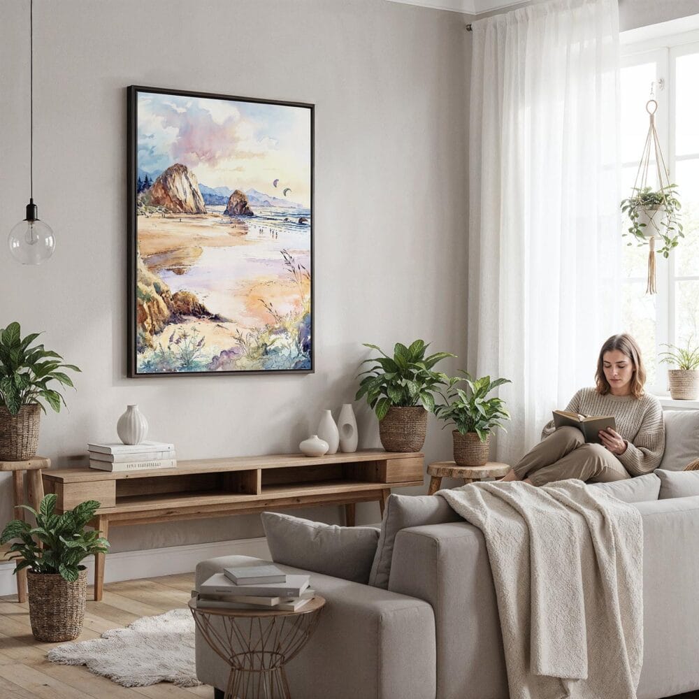 03 - Framed Oregon Coast Watercolor Canvas Print - Woman reading in modern Living Room - Vertical.jpg 03 - Framed Oregon Coast Watercolor Canvas Print - Woman reading in modern Living Room - Vertical.jpg