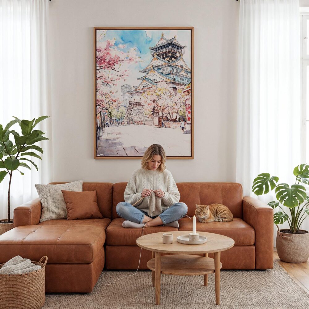 03 - Framed Osaka Castle Japan - Watercolor Canvas Print - Woman Knitting - Vertical.jpg 03 - Framed Osaka Castle Japan - Watercolor Canvas Print - Woman Knitting - Vertical.jpg