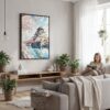 03 - Framed Osaka Japan - Watercolor Canvas Print - Woman reading in modern Living Room - Vertical.jpg