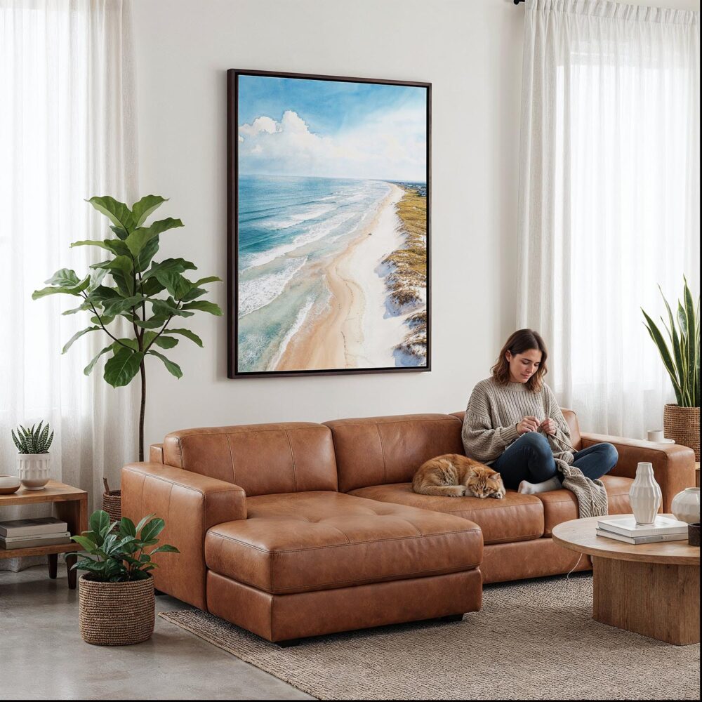 03 - Framed Outer Banks NC Watercolor Canvas Print - Woman Knitting on leather couch - Vertical.jpg 03 - Framed Outer Banks NC Watercolor Canvas Print - Woman Knitting on leather couch - Vertical.jpg