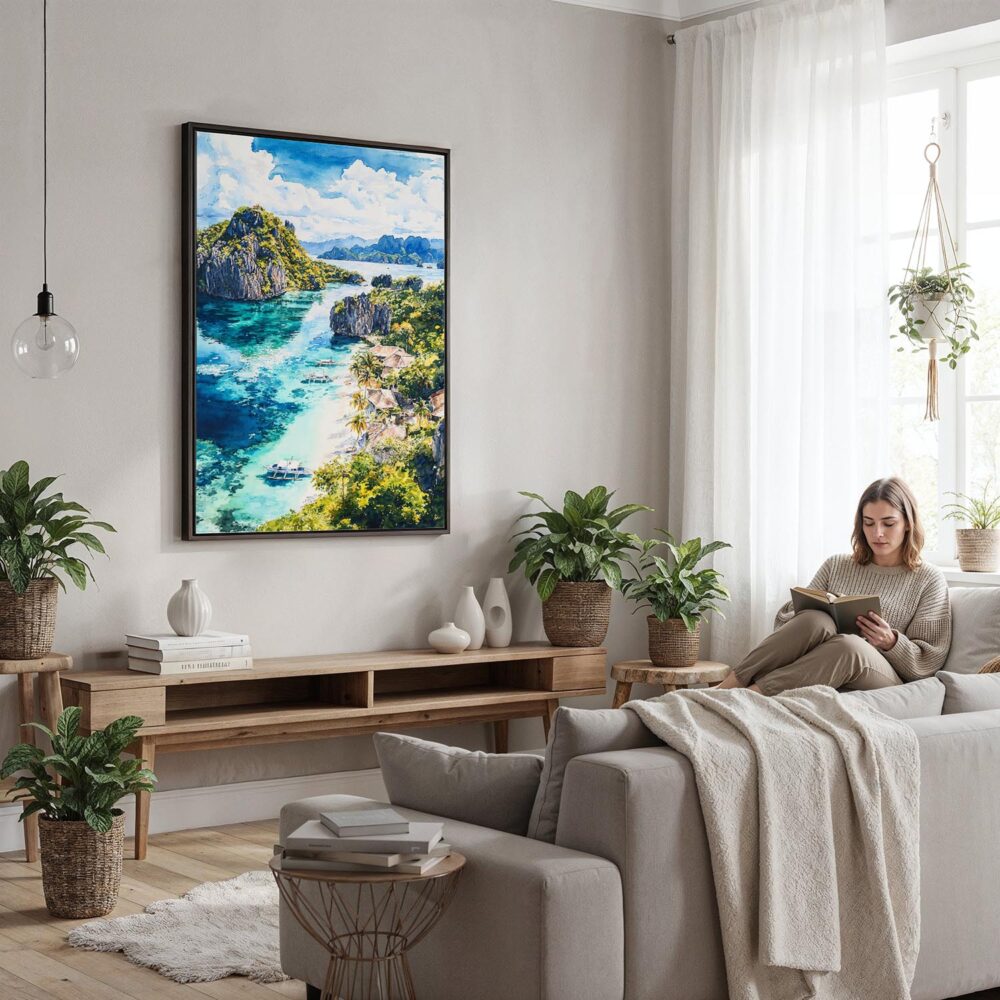 03 - Framed Palawan Philippines Watercolor Canvas Print - Woman reading in modern Living Room - Vertical.jpg 03 - Framed Palawan Philippines Watercolor Canvas Print - Woman reading in modern Living Room - Vertical.jpg