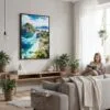 03 - Framed Palawan Philippines Watercolor Canvas Print - Woman reading in modern Living Room - Vertical.jpg