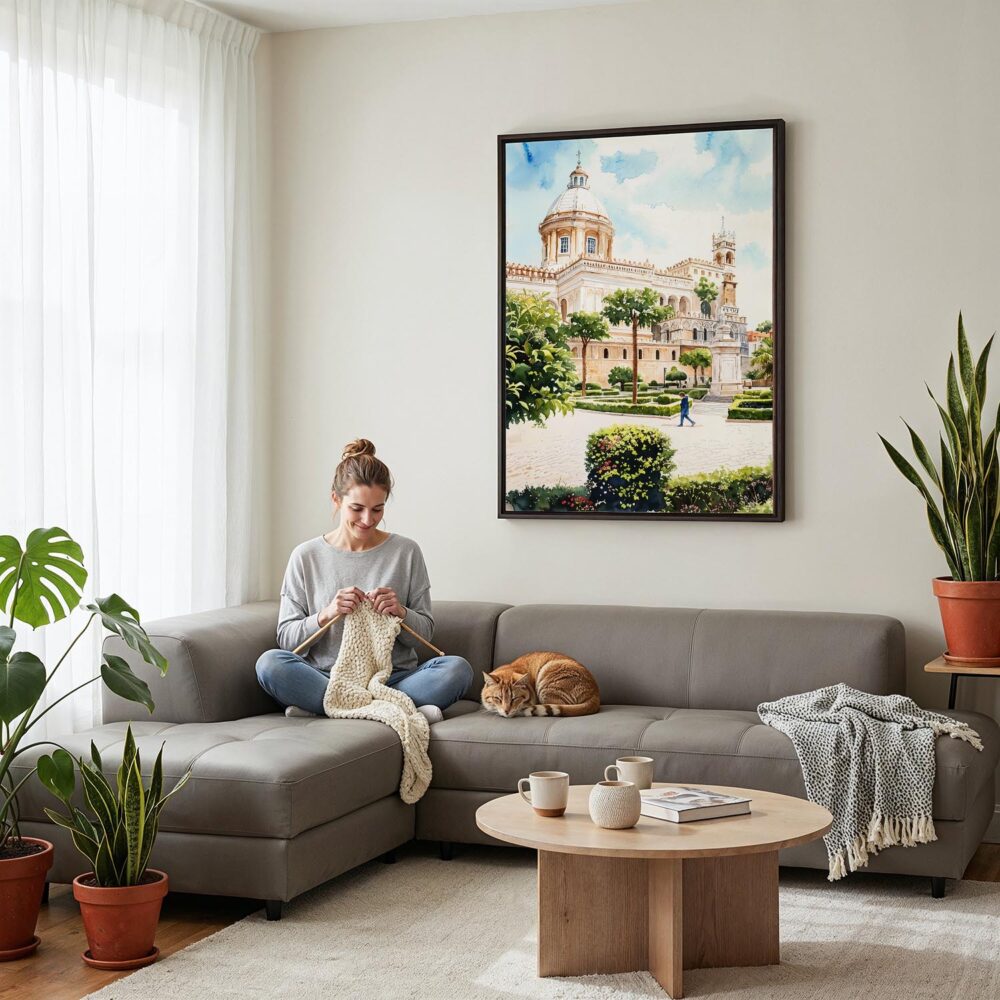 03 - Framed Palermo Watercolor Canvas Print - Woman Knitting on grey couch - Vertical.jpg 03 - Framed Palermo Watercolor Canvas Print - Woman Knitting on grey couch - Vertical.jpg