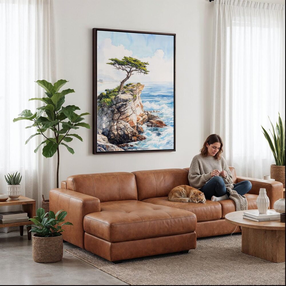 03 - Framed Pebble Beach Cypress Watercolor Canvas Print - Woman Knitting on leather couch - Vertical.jpg 03 - Framed Pebble Beach Cypress Watercolor Canvas Print - Woman Knitting on leather couch - Vertical.jpg
