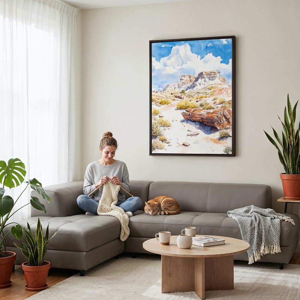 03 - Framed Petrified Forest National Park Watercolor Canvas Print - Woman Knitting on grey couch - Vertical.jpg 03 - Framed Petrified Forest National Park Watercolor Canvas Print - Woman Knitting on grey couch - Vertical.jpg