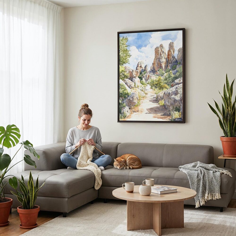 03 - Framed Pinnacles National Park California Watercolor Canvas Print - Woman Knitting on grey couch - Vertical.jpg 03 - Framed Pinnacles National Park California Watercolor Canvas Print - Woman Knitting on grey couch - Vertical.jpg