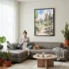 03 - Framed Pinnacles National Park California Watercolor Canvas Print - Woman Knitting on grey couch - Vertical.jpg