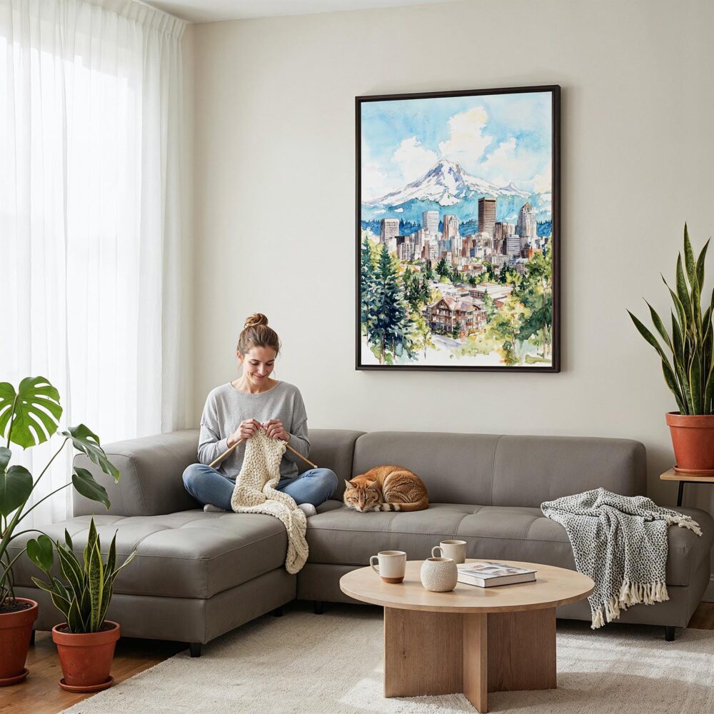 03 - Framed Portland Oregon Watercolor Canvas Print - Woman Knitting on grey couch - Vertical.jpg 03 - Framed Portland Oregon Watercolor Canvas Print - Woman Knitting on grey couch - Vertical.jpg