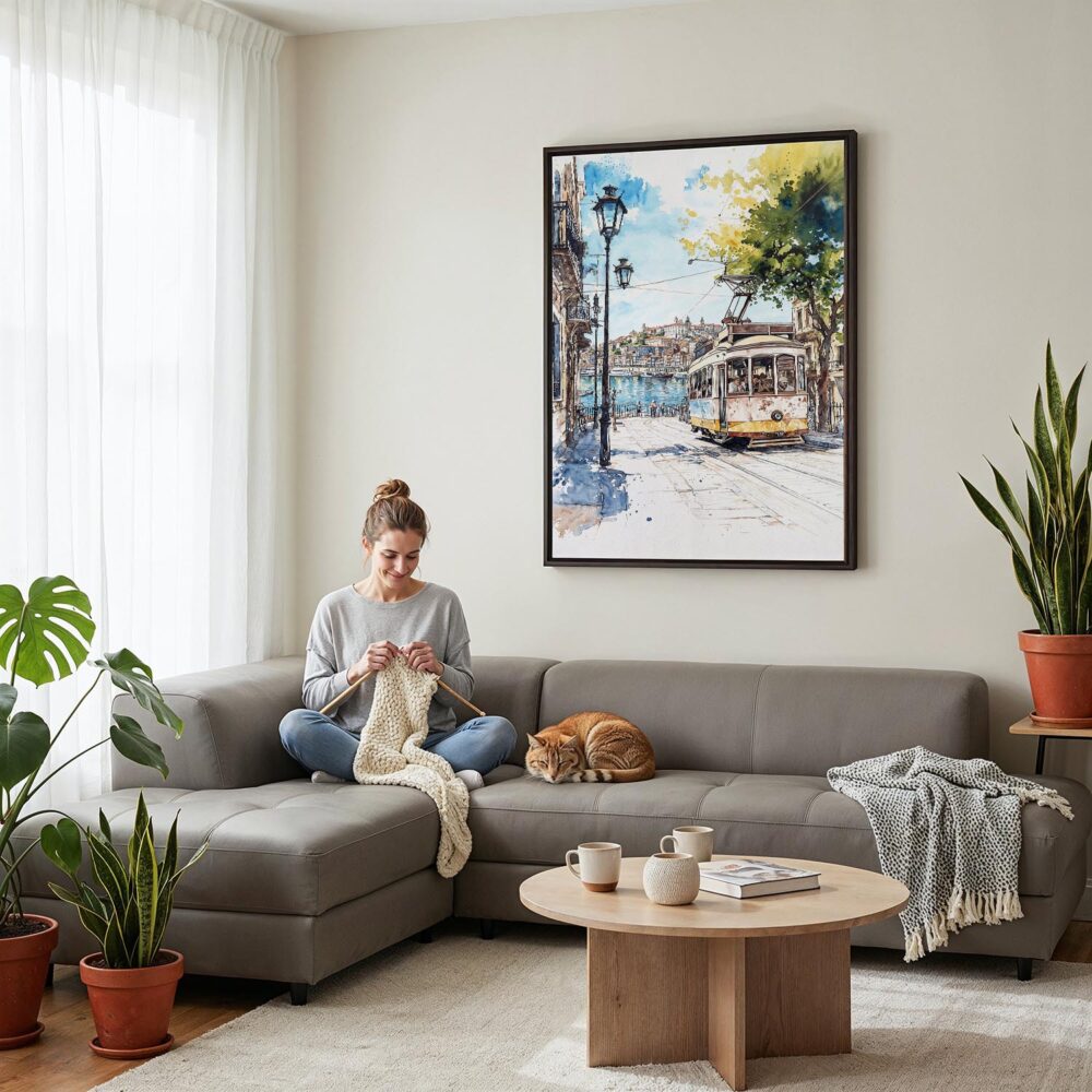 03 - Framed Porto 1 - Watercolor Canvas Print - Woman Knitting on grey couch - Vertical.jpg 03 - Framed Porto 1 - Watercolor Canvas Print - Woman Knitting on grey couch - Vertical.jpg