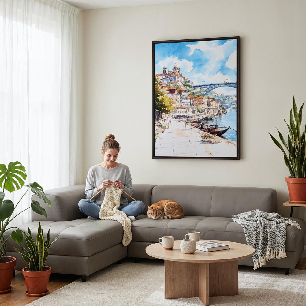 03 - Framed Porto Ribeira Watercolor Canvas Print - Woman Knitting on grey couch - Vertical.jpg 03 - Framed Porto Ribeira Watercolor Canvas Print - Woman Knitting on grey couch - Vertical.jpg