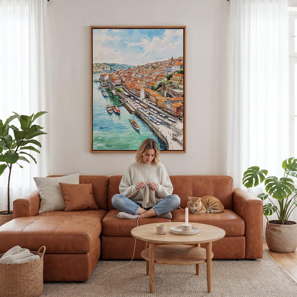03 - Framed Porto Skyline Watercolor Canvas Print - Woman Knitting - Vertical.jpg 03 - Framed Porto Skyline Watercolor Canvas Print - Woman Knitting - Vertical.jpg