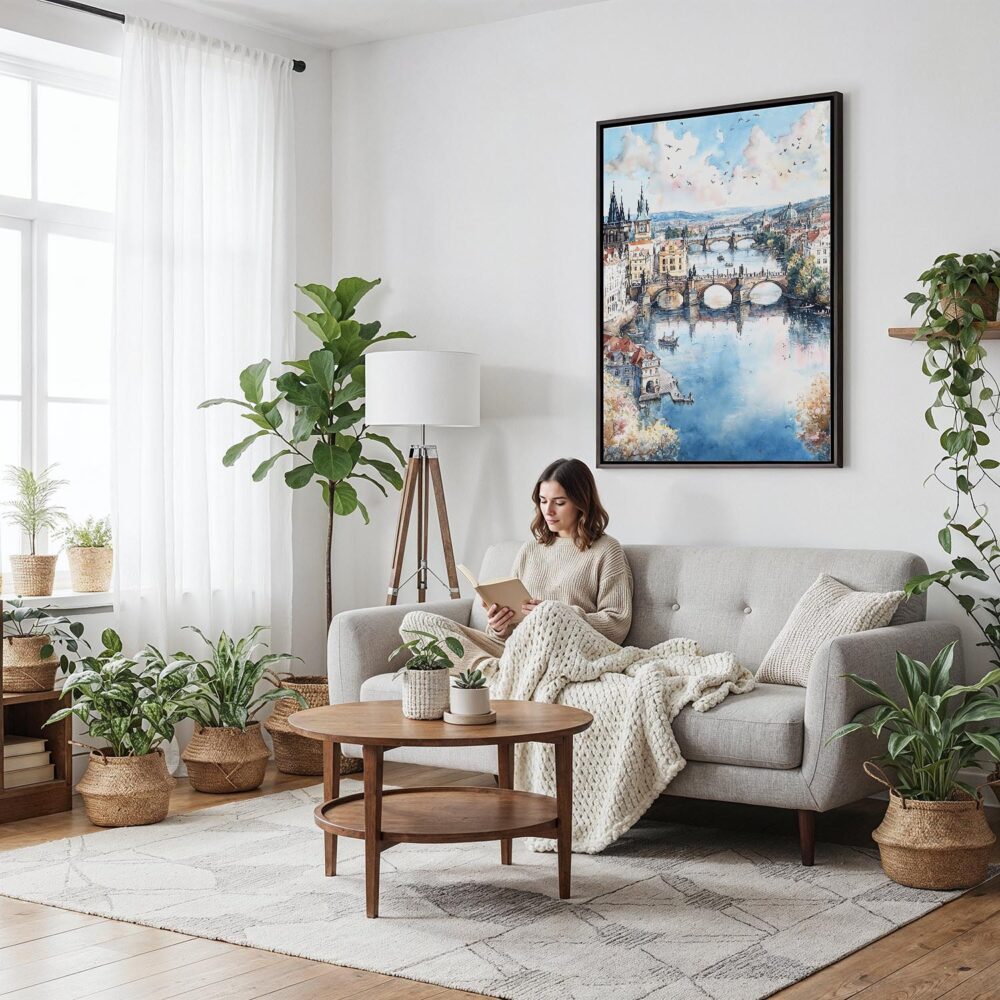 03 - Framed Prague Skyline - Watercolor Canvas Print - Woman reading on couch - Vertical.jpg 03 - Framed Prague Skyline - Watercolor Canvas Print - Woman reading on couch - Vertical.jpg