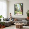 03 - Framed Redwood National Park California Watercolor Canvas Print - Woman Knitting on grey couch - Vertical.jpg