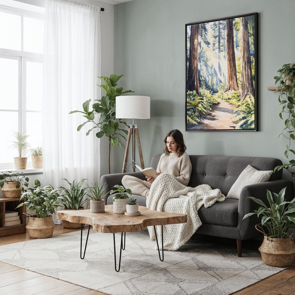 03 - Framed Redwood Nationall Park Watercolor Canvas Print - Woman reading in Boho Living Room - Vertical.jpg 03 - Framed Redwood Nationall Park Watercolor Canvas Print - Woman reading in Boho Living Room - Vertical.jpg