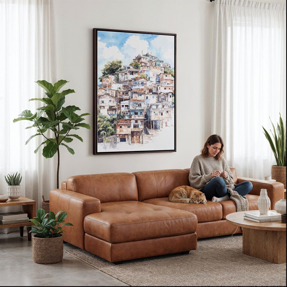 03 - Framed Rio De Janeiro Favelas Watercolor Canvas Print - Woman Knitting on leather couch - Vertical.jpg 03 - Framed Rio De Janeiro Favelas Watercolor Canvas Print - Woman Knitting on leather couch - Vertical.jpg