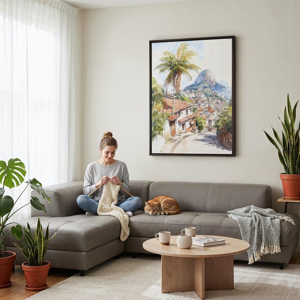 03 - Framed Rio De Janeiro Rocinha Favela Watercolor Canvas Print - Woman Knitting on grey couch - Vertical.jpg 03 - Framed Rio De Janeiro Rocinha Favela Watercolor Canvas Print - Woman Knitting on grey couch - Vertical.jpg