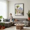03 - Framed Rio De Janeiro Rocinha Favela Watercolor Canvas Print - Woman Knitting on grey couch - Vertical.jpg