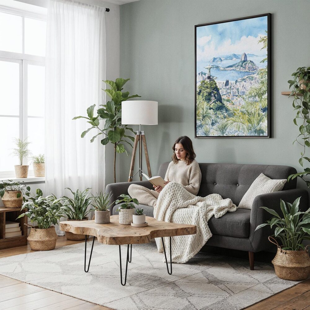 03 - Framed Rio De Janeiro Watercolor Canvas Print - Woman reading in Boho Living Room - Vertical.jpg 03 - Framed Rio De Janeiro Watercolor Canvas Print - Woman reading in Boho Living Room - Vertical.jpg