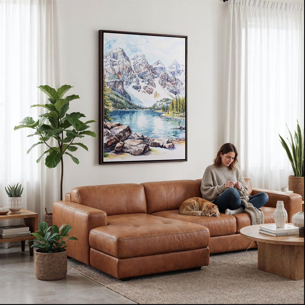 03 - Framed Rocky Mountains Valley of the Ten Peaks Watercolor Canvas Print - Woman Knitting on leather couch - Vertical.jpg 03 - Framed Rocky Mountains Valley of the Ten Peaks Watercolor Canvas Print - Woman Knitting on leather couch - Vertical.jpg