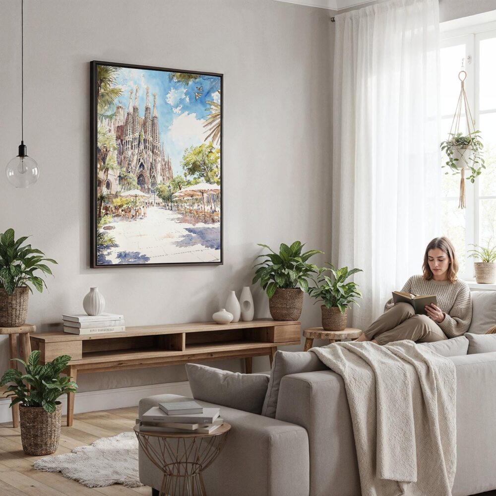 03 - Framed Sagrada Familia - Watercolor Canvas Print - Woman reading in modern Living Room - Vertical.jpg 03 - Framed Sagrada Familia - Watercolor Canvas Print - Woman reading in modern Living Room - Vertical.jpg