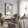 03 - Framed Sagrada Familia - Watercolor Canvas Print - Woman reading in modern Living Room - Vertical.jpg