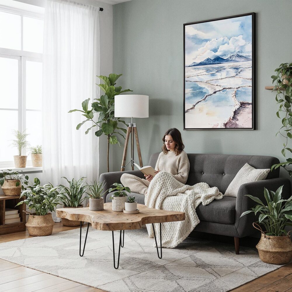 03 - Framed Salar de Uyuni Watercolor Canvas Print - Woman reading in Boho Living Room - Vertical.jpg 03 - Framed Salar de Uyuni Watercolor Canvas Print - Woman reading in Boho Living Room - Vertical.jpg