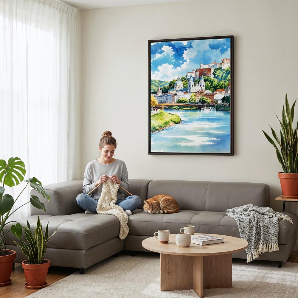 03 - Framed Salzburg Austria Watercolor Canvas Print - Woman Knitting on grey couch - Vertical.jpg 03 - Framed Salzburg Austria Watercolor Canvas Print - Woman Knitting on grey couch - Vertical.jpg