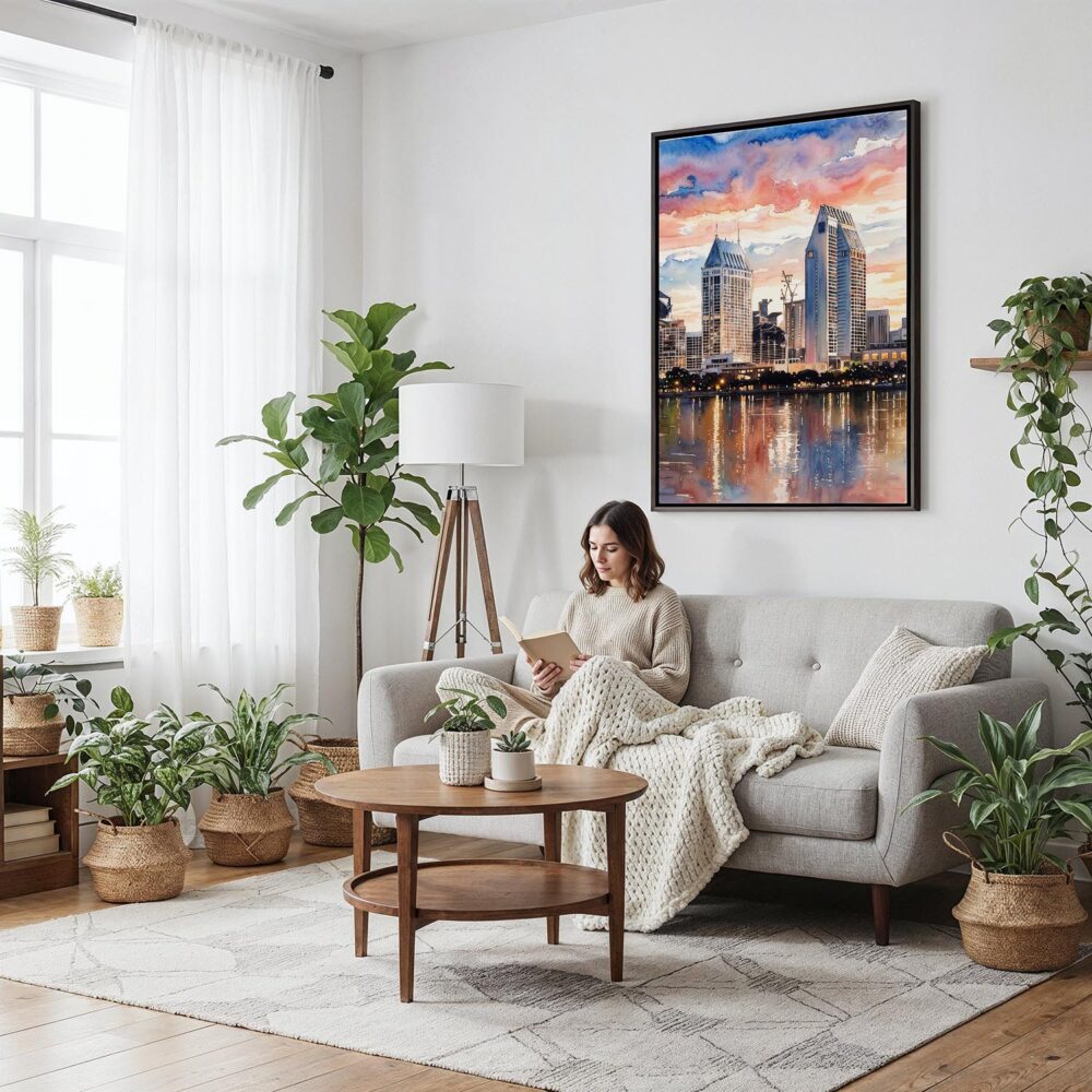 03 - Framed San Diego Skyline Watercolor Canvas Print - Woman reading on couch - Vertical.jpg 03 - Framed San Diego Skyline Watercolor Canvas Print - Woman reading on couch - Vertical.jpg