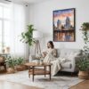 03 - Framed San Diego Skyline Watercolor Canvas Print - Woman reading on couch - Vertical.jpg