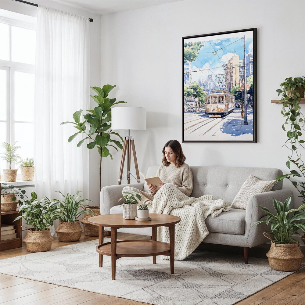 03 - Framed San Francisco - Watercolor Canvas Print - Woman reading on couch - Vertical.jpg 03 - Framed San Francisco - Watercolor Canvas Print - Woman reading on couch - Vertical.jpg