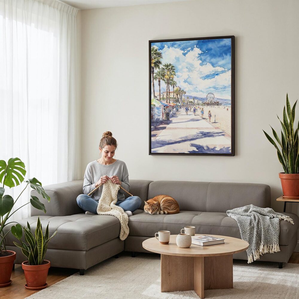 03 - Framed Santa Monica Watercolor Canvas Print - Woman Knitting on grey couch - Vertical.jpg 03 - Framed Santa Monica Watercolor Canvas Print - Woman Knitting on grey couch - Vertical.jpg