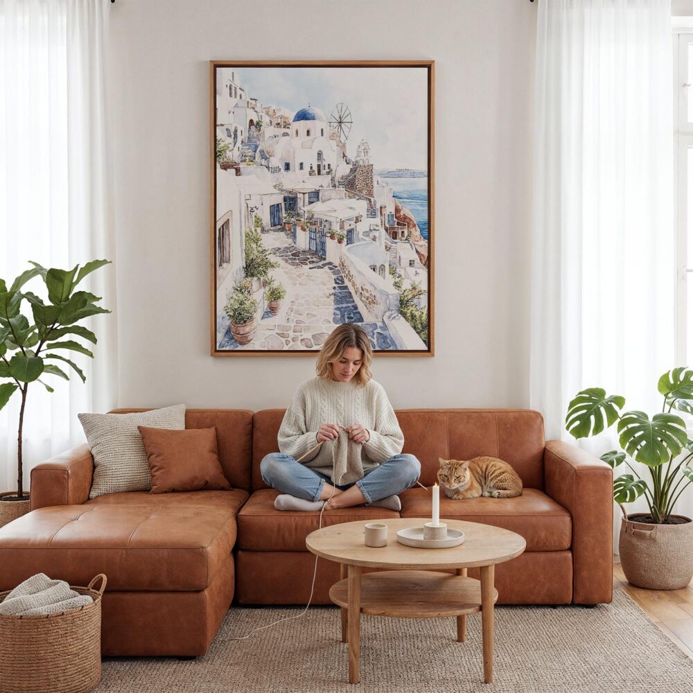 03 - Framed Santorini Blue Dome - Watercolor Canvas Print - Woman Knitting - Vertical.jpg 03 - Framed Santorini Blue Dome - Watercolor Canvas Print - Woman Knitting - Vertical.jpg