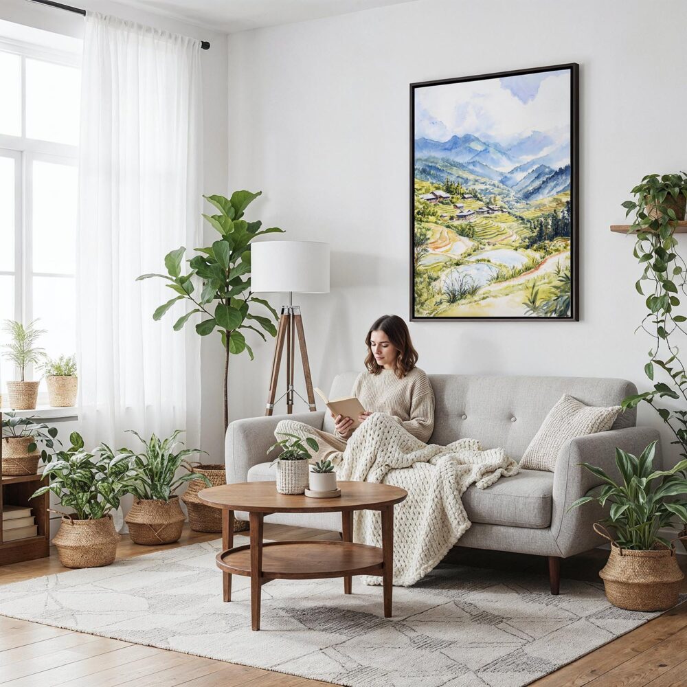 03 - Framed Sapa Vietnam Watercolor Canvas Print - Woman reading on couch - Vertical.jpg 03 - Framed Sapa Vietnam Watercolor Canvas Print - Woman reading on couch - Vertical.jpg