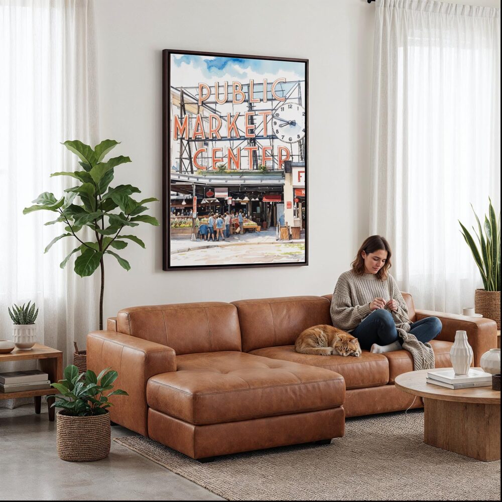 03 - Framed Seattle Pike Place Market Watercolor Canvas Print - Woman Knitting on leather couch - Vertical.jpg 03 - Framed Seattle Pike Place Market Watercolor Canvas Print - Woman Knitting on leather couch - Vertical.jpg