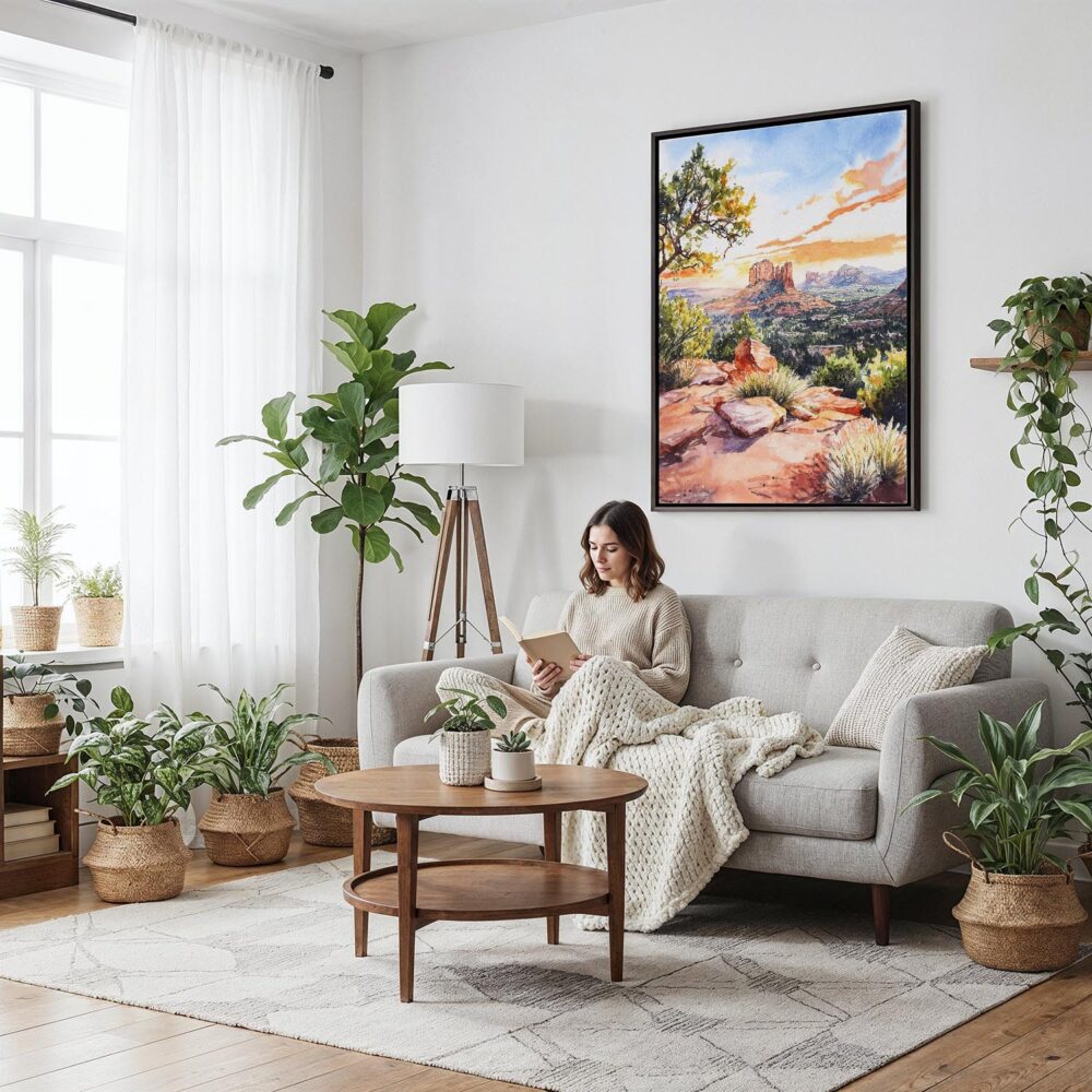 03 - Framed Sedona Arizona Watercolor Canvas Print - Woman reading on couch - Vertical.jpg 03 - Framed Sedona Arizona Watercolor Canvas Print - Woman reading on couch - Vertical.jpg