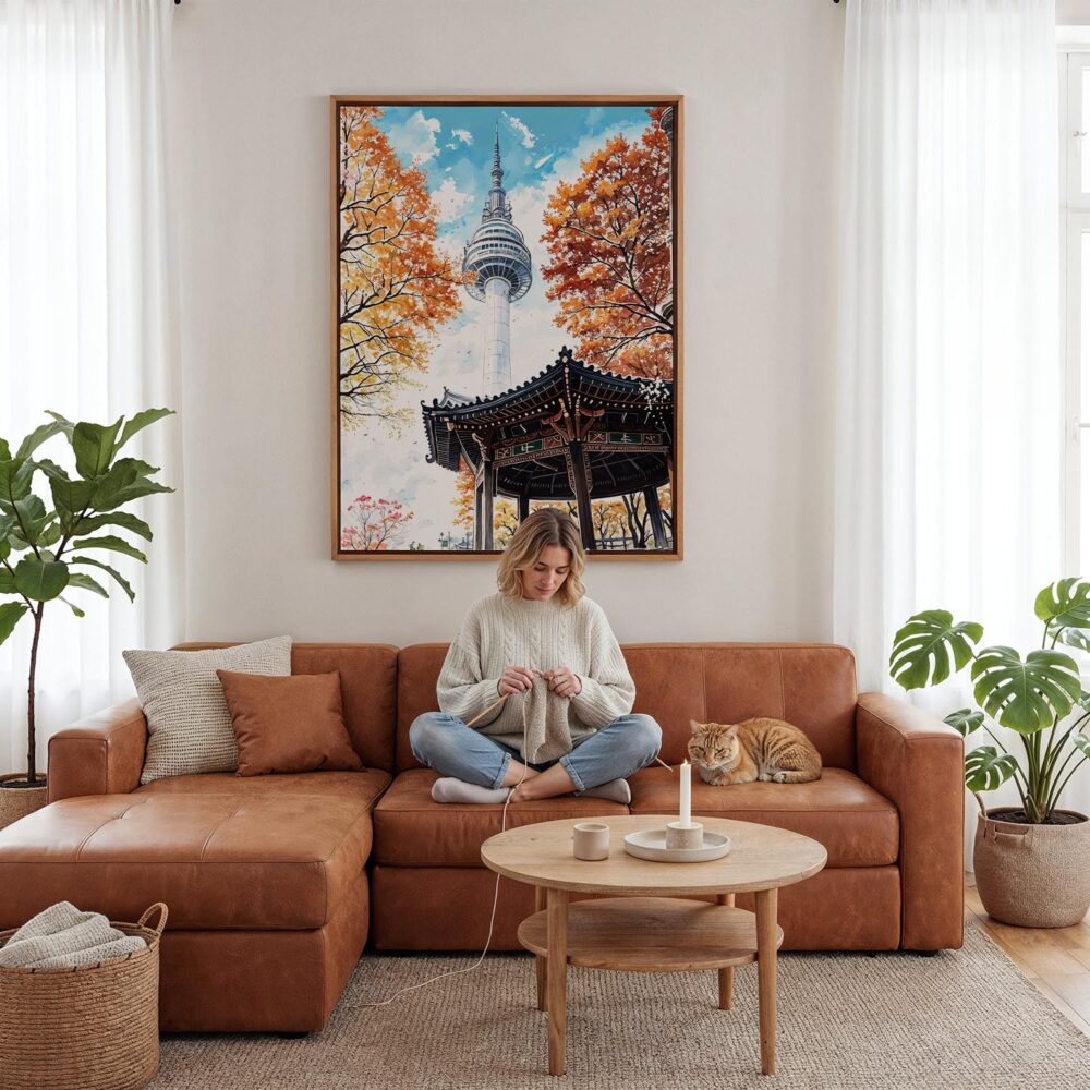 03 - Framed Seoul N Seoul Tower Watercolor Canvas Print - Woman Knitting - Vertical.jpg 03 - Framed Seoul N Seoul Tower Watercolor Canvas Print - Woman Knitting - Vertical.jpg