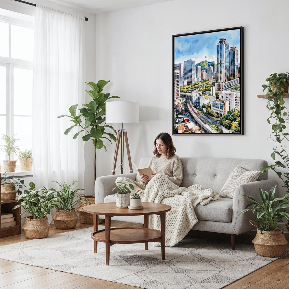 03 - Framed Seoul Skyline Watercolor Canvas Print - Woman reading on couch - Vertical.jpg 03 - Framed Seoul Skyline Watercolor Canvas Print - Woman reading on couch - Vertical.jpg