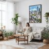 03 - Framed Seoul Skyline Watercolor Canvas Print - Woman reading on couch - Vertical.jpg