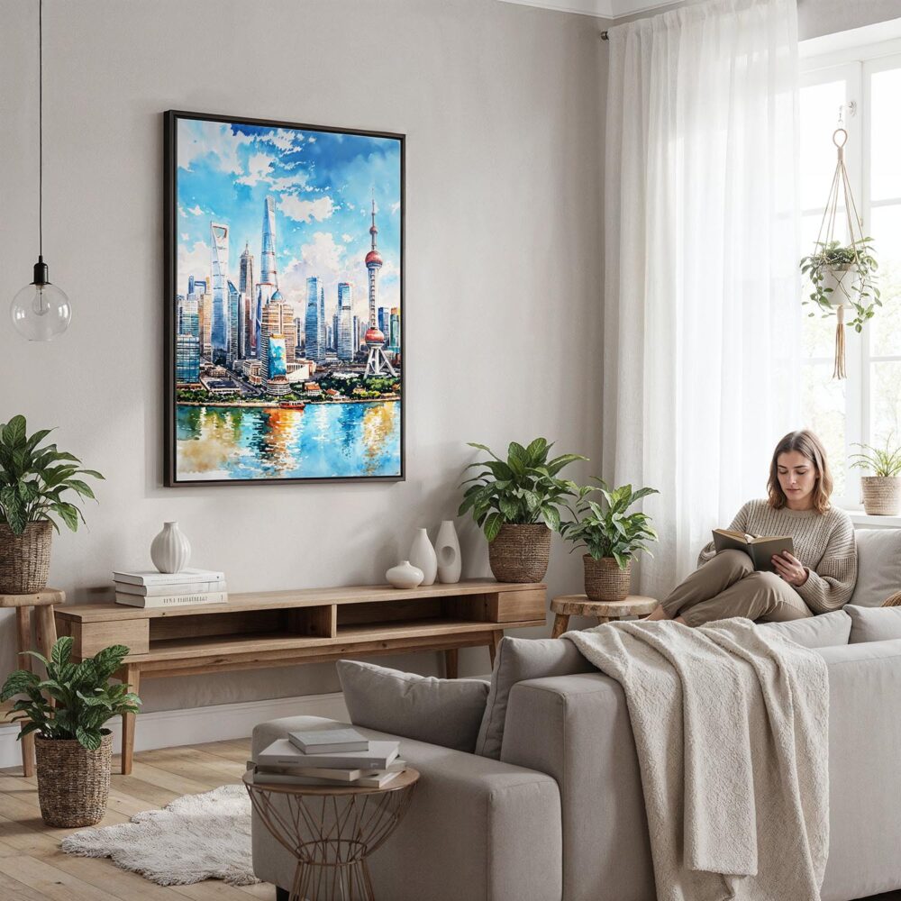 03 - Framed Shanghai China Watercolor Canvas Print - Woman reading in modern Living Room - Vertical.jpg 03 - Framed Shanghai China Watercolor Canvas Print - Woman reading in modern Living Room - Vertical.jpg